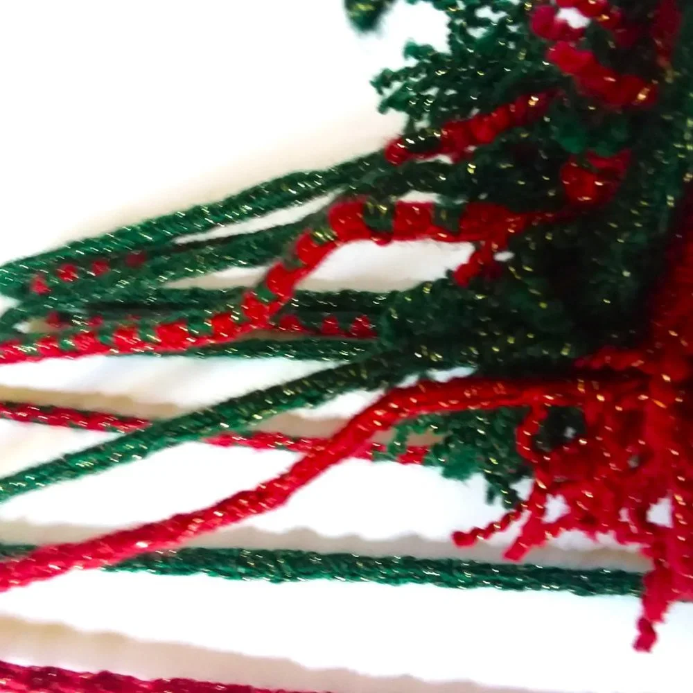 6 VTG 70s Crocheted Hangers Christmas Pom Poms Handmade Metal Retro Granny Knit